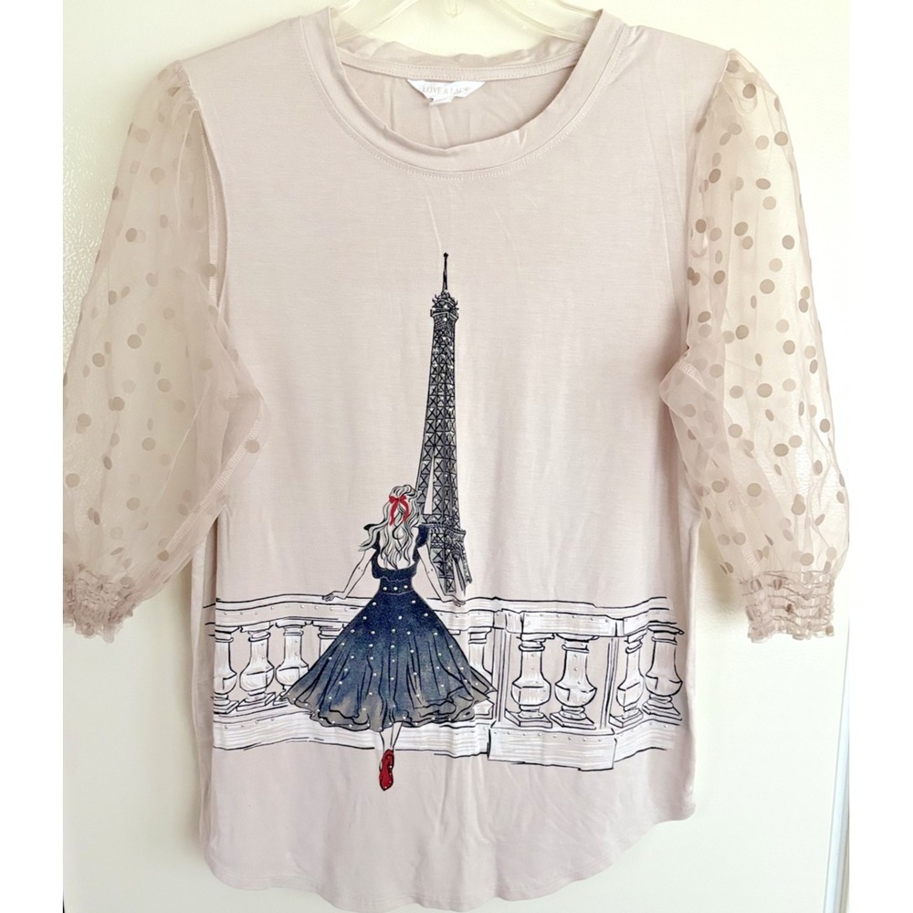 Love & Lace Shirt Womens S Mesh Polka Dot Sleeve Paris Eiffel Tower Top Stretch